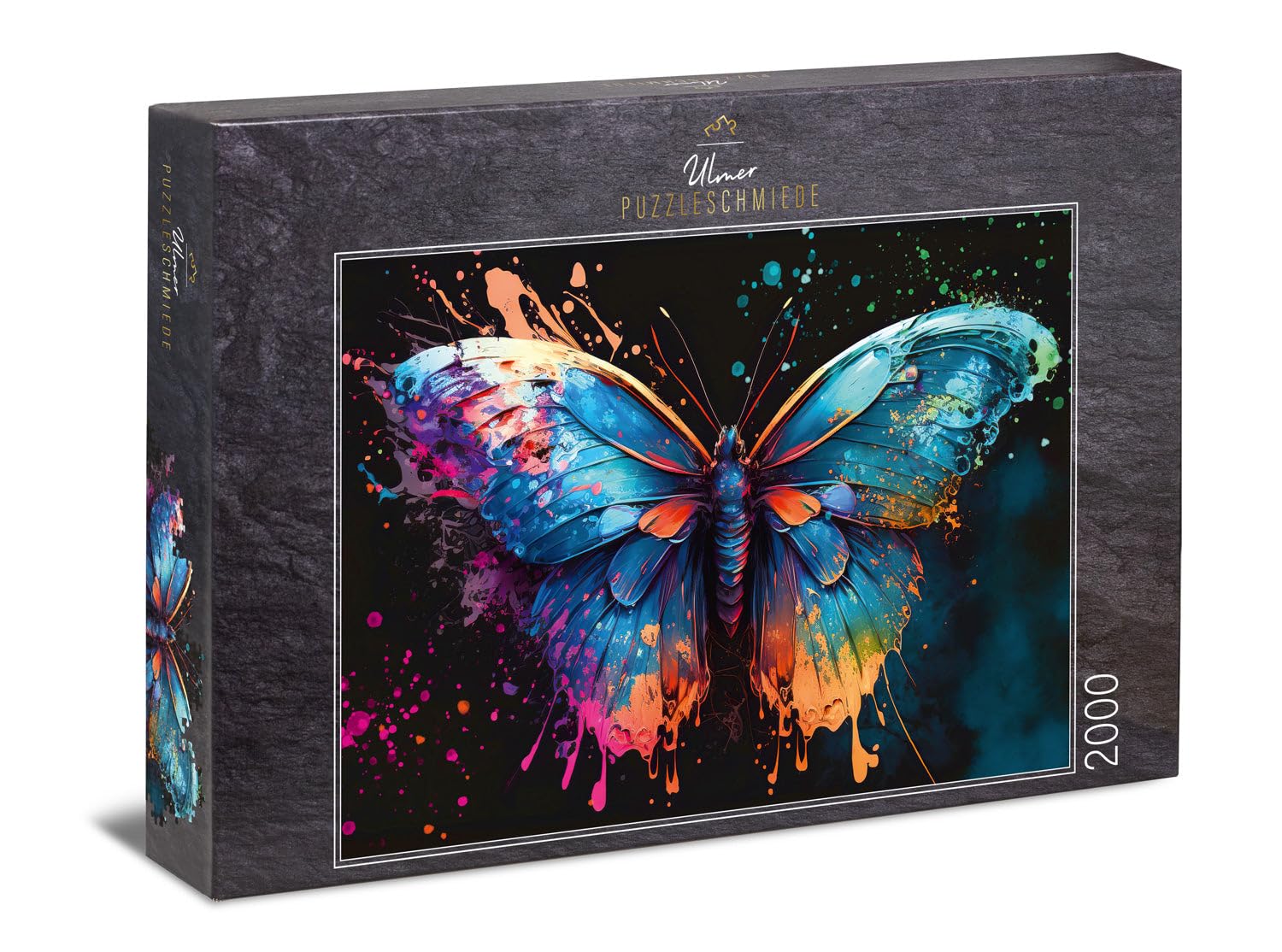 Ulmer Puzzleschmiede - Puzzle da 2000 pezzi "Magic Butterfly" - Farfalla colorata con esplosione di colori vivaci su sfondo nero - Collezione di puzzle Colori & Fantasy