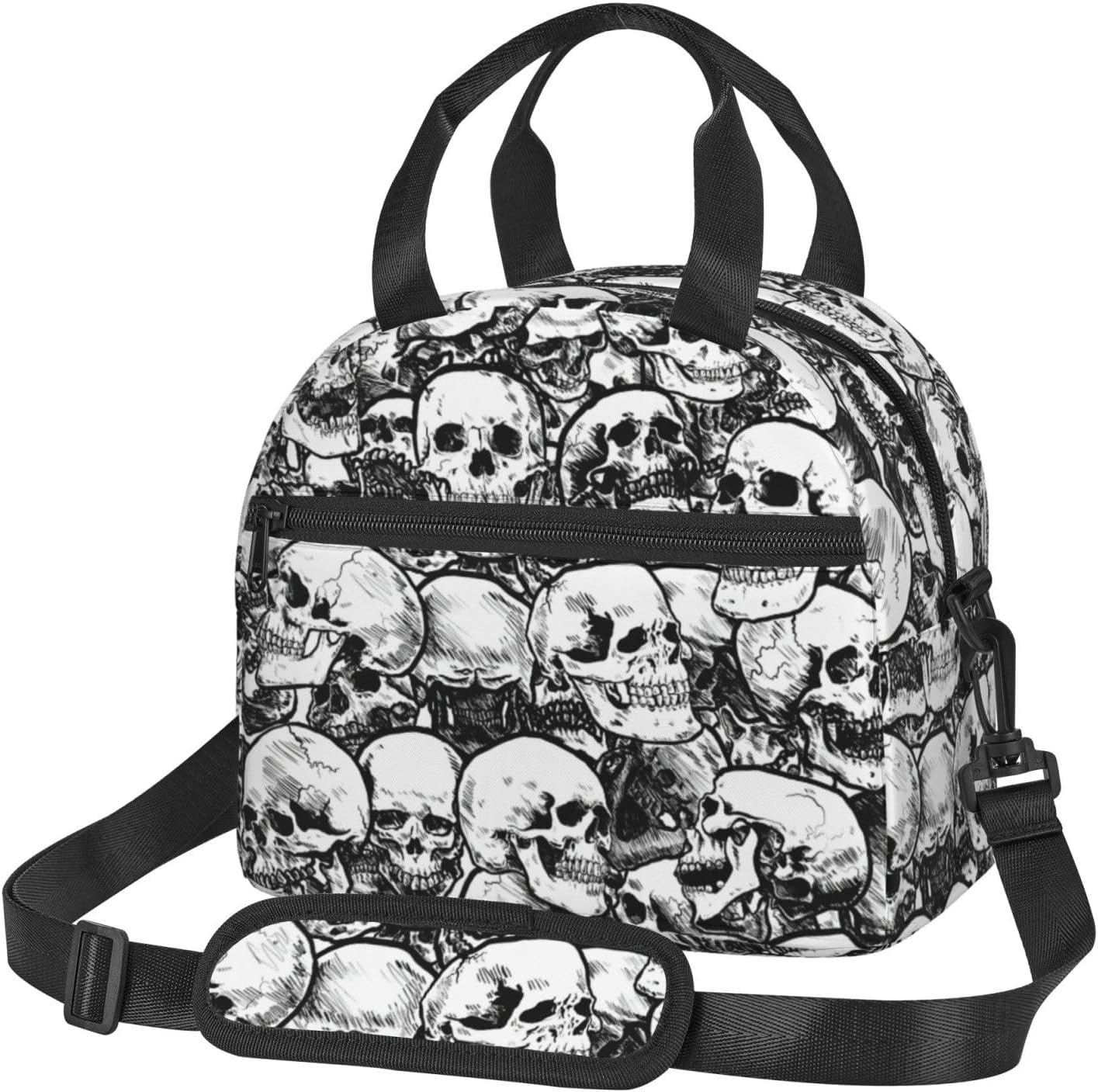 Black and white skulls pattern Print Reusable Lunch Bag Insulated Lunch Boxes for Office Work Picnic Tote Bag Adjustable