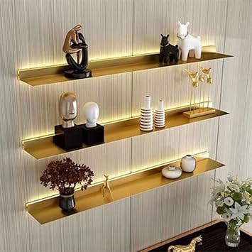 IMPREC Wall Floating Light-Emitting Shelves, Gold Floating Wall Shelves with LED Warm Light Aluminum Alloy Wall Mounted Bookshelf for Storage Decoration Color Gold, Size 60x18cm