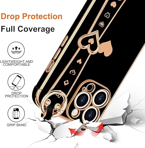 Miniatura 4 de Funda para iPhone 13 Pro con correa chapada en forma de corazón para mujeres y niñas, protector de lente de cámara de silicona suave, a prueba de