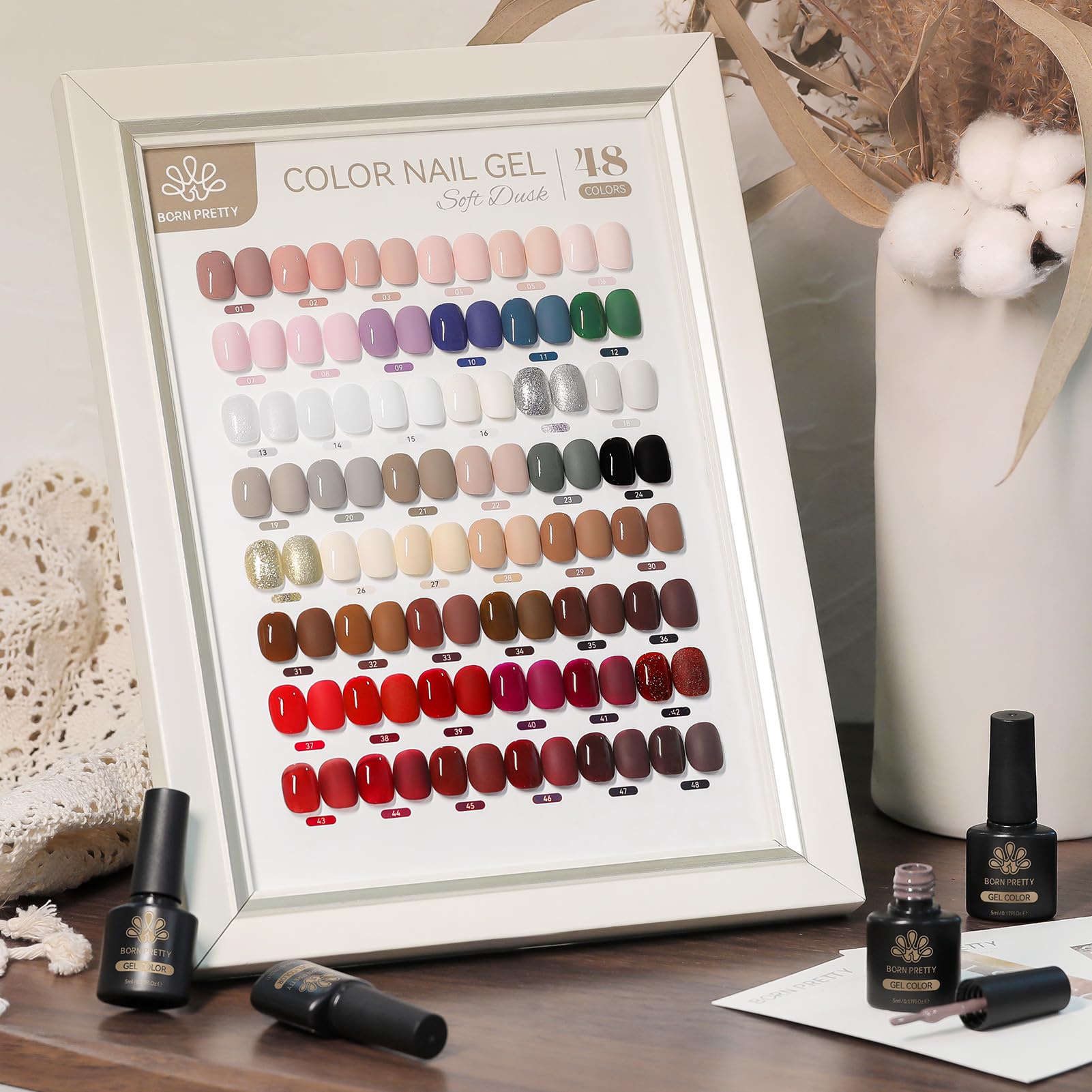 Born Pretty Set di smalti UV in gel, 52 pezzi, colore nude, rosa, rosso glitterato | Unghie in gel con base, top coat e top coat opaco, soak-off, mini UV LED, regalo