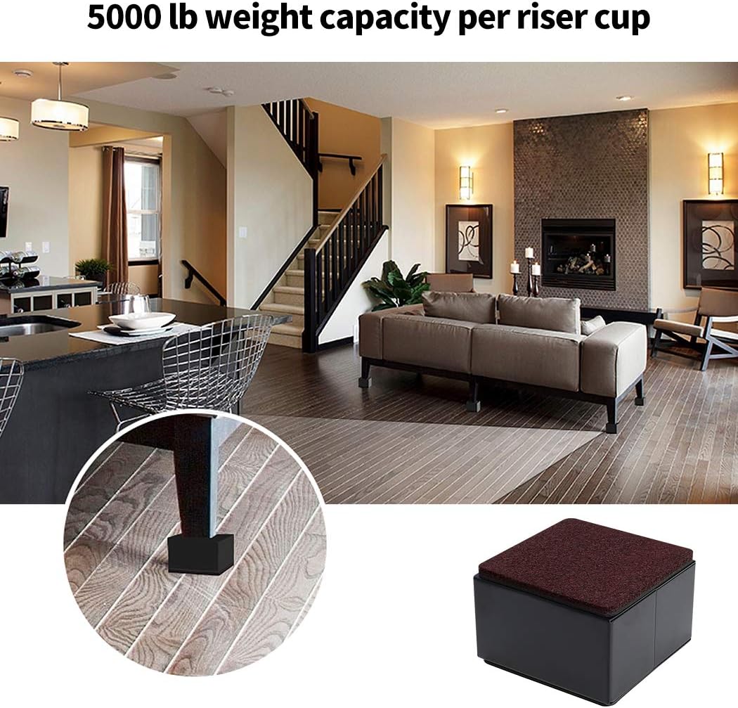 Ezprotekt 2 Inch Bed and Furniture Risers, Heavy Duty Square Sofa Table Couch Dresser Risers, Width 3.15"-Adds 2" Height, Supports 20,000 lbs - Protect Hardwood Floors from Scratches (Black, 4 Pack)