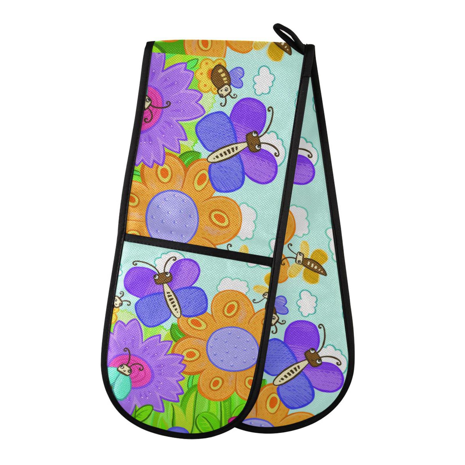 Double Oven Glove Cartoon Butterfly Bee Flower Heat Resistant Double Ovens Mitt Modern Cooking Gloves Potholders