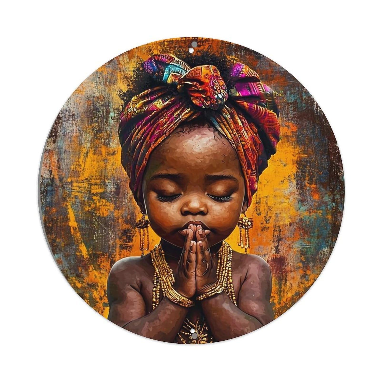 Colorful Headwrap Prayer Pose Art Round Metal Tin Sign Vintage Wall Decor, Bar Garage Cafe Kitchen Home Wall Art Poster 8x8inches