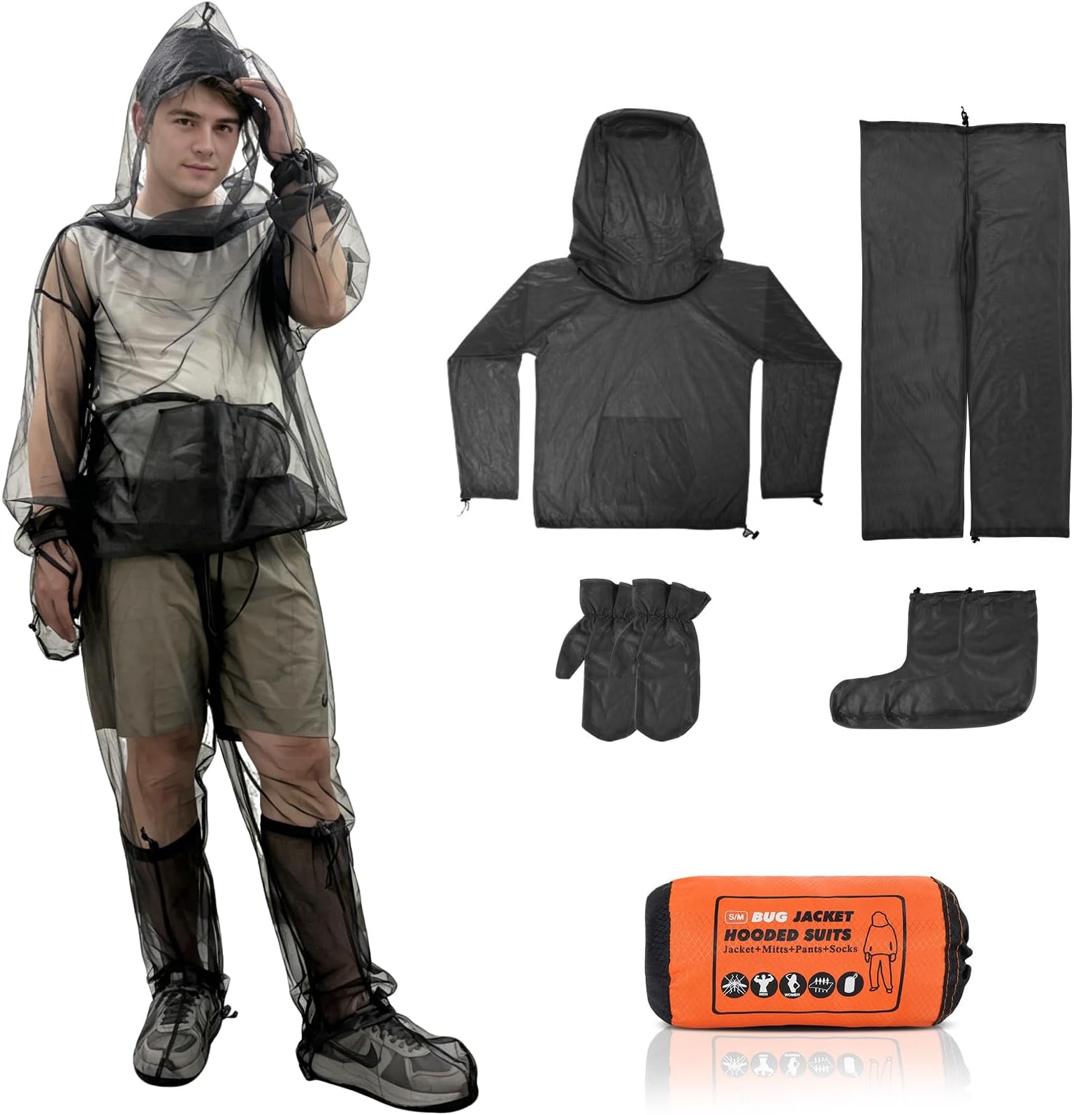 4-Piece Mosquito Suit L/XL for Men & Women, Full Body Bug Jacket with Zippered Hood, Pants, Gloves & Foot Covers, Ultra-Fine No-See-Um Mesh, Breathable Insect Protection for Camping Fishing Gardening