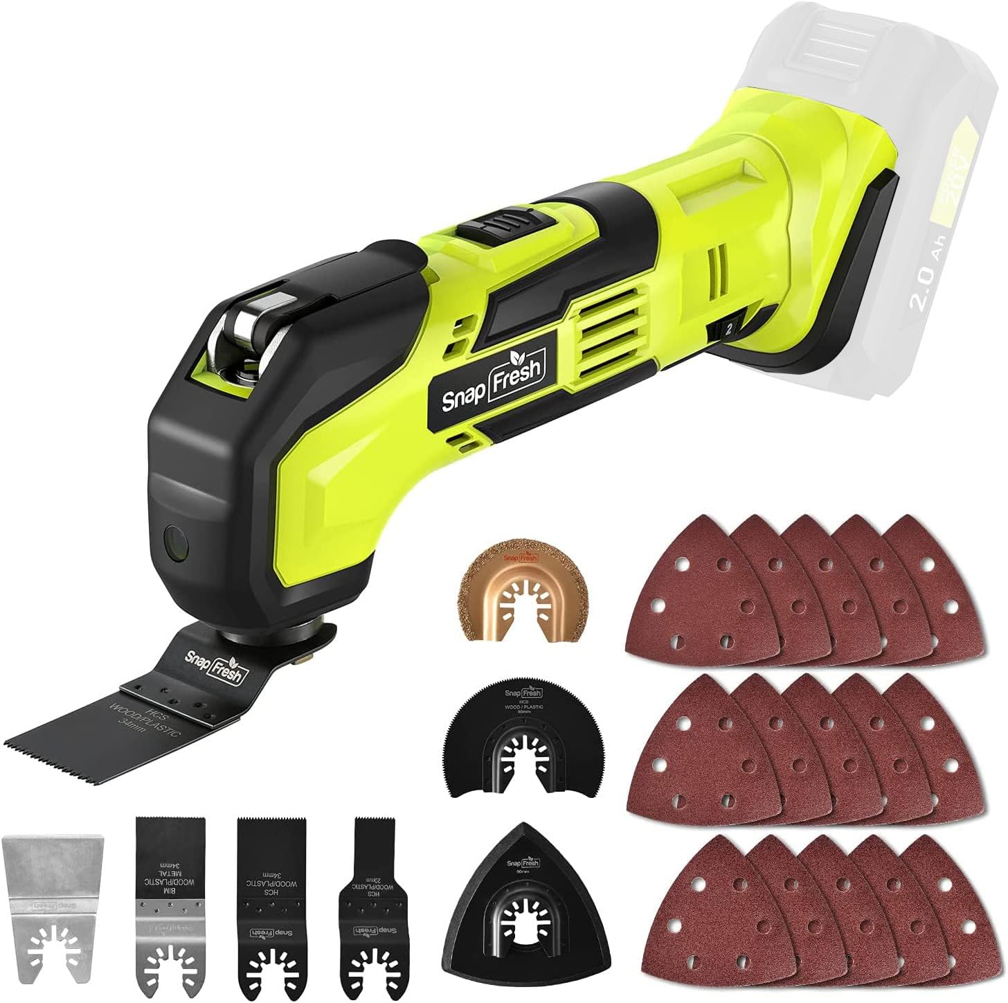 SnapFresh Oscillating Multi Tool Cordless, 20V DIY Tool Kit, 6 Speed, 3.2°Oscillation Angle, Quick-Lock Replaceable, 24pcs Accessories, For Scraping, Blades Sanding, Cutting (Tool Only)