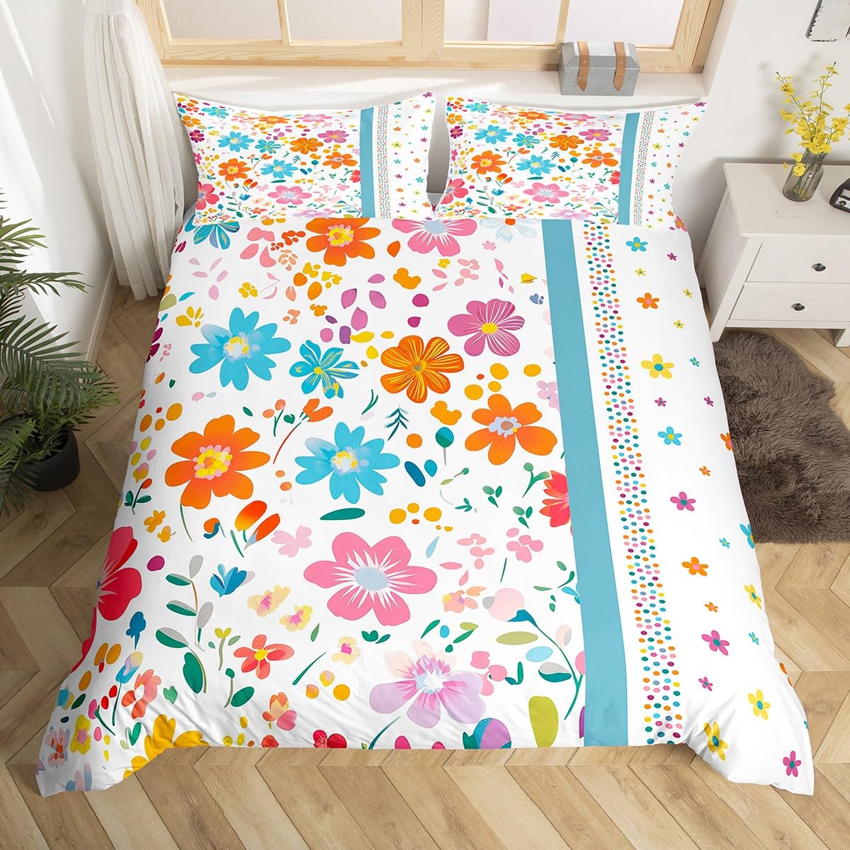 Homemissing Cartoon Floral Duvet Cover Set King Size Boys Girls Wildflower Botanical Bedding Set Breathable Soft Flower Duvet Cover 3Pcs Boho Floral Bedroom Microfiber Zipper Closure