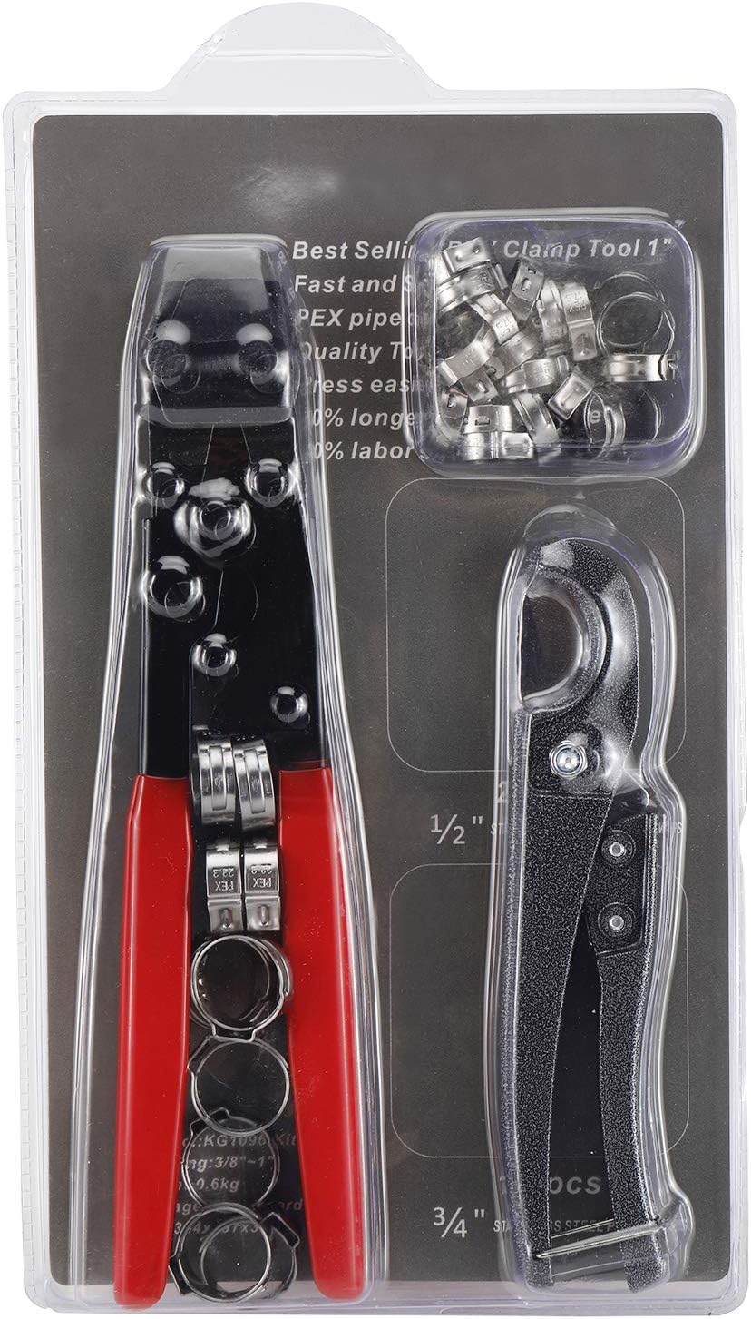 PEX Crimping Clamp Cinch Tool and Pipe Hose Cutter for Stainless Steel Clamps from 3/8"to 1" with 1/2-inch 20PCS and 3/4-inch 10PCS PEX Clamps, All in 1 Pipe Fitting Tool Kit