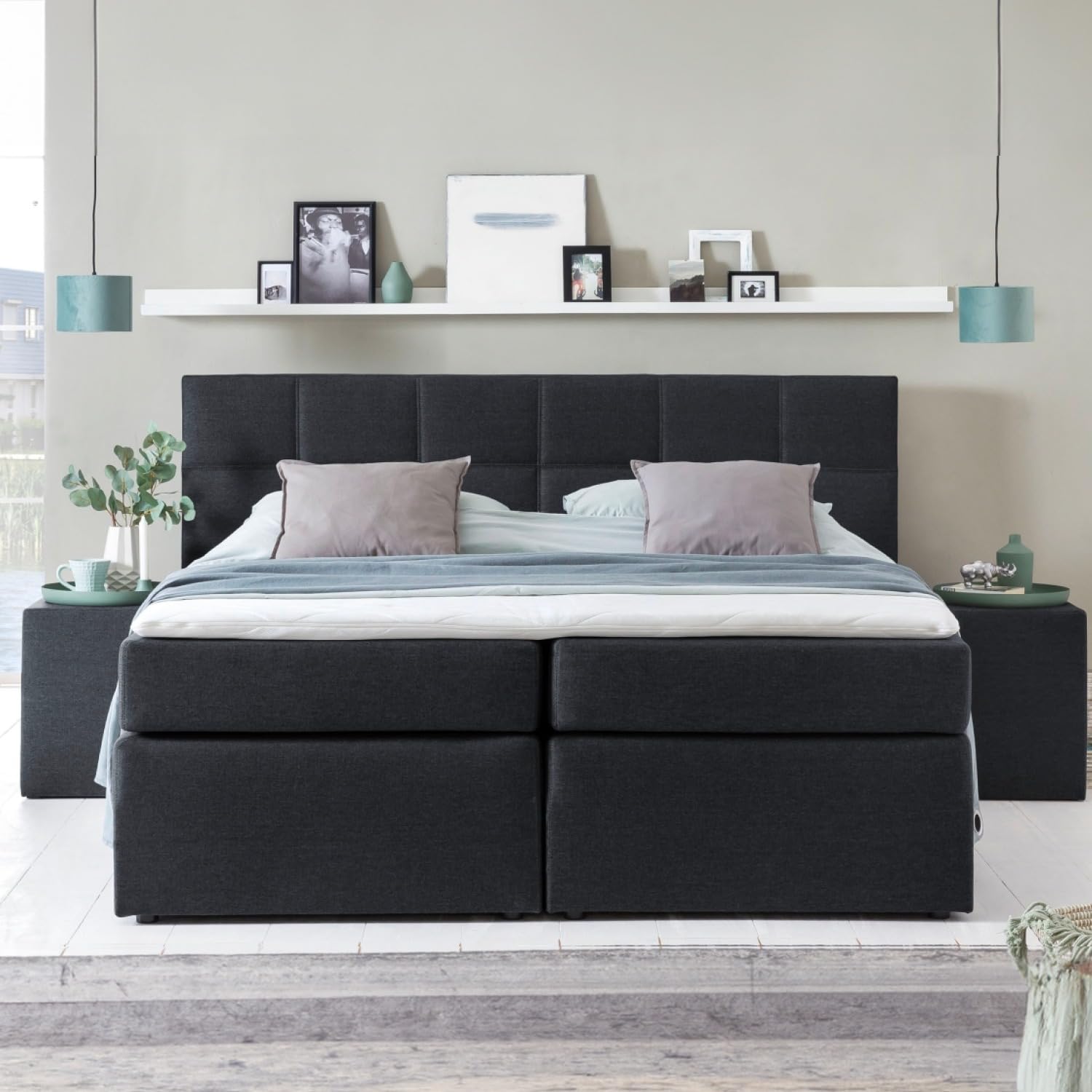 3F Boxspringbett Bea 160x200 cm Schwarz Härtegrad H2 | 7-Zonen Taschenfederkern Matratze + Visco Topper