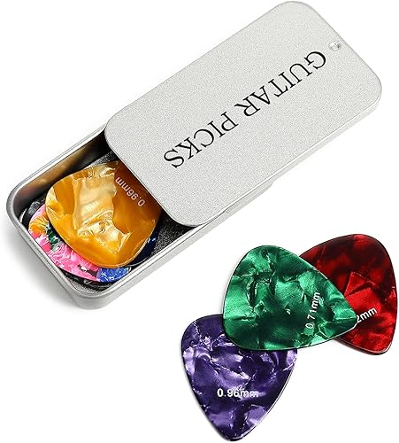 Celluloid Guitar Picks 15 Pack with Metal Box includes Thin, Medium, Heavy & Extra Heavy Picks, for Acoustic Guitar Electric Guitar Ukulele (Silver)