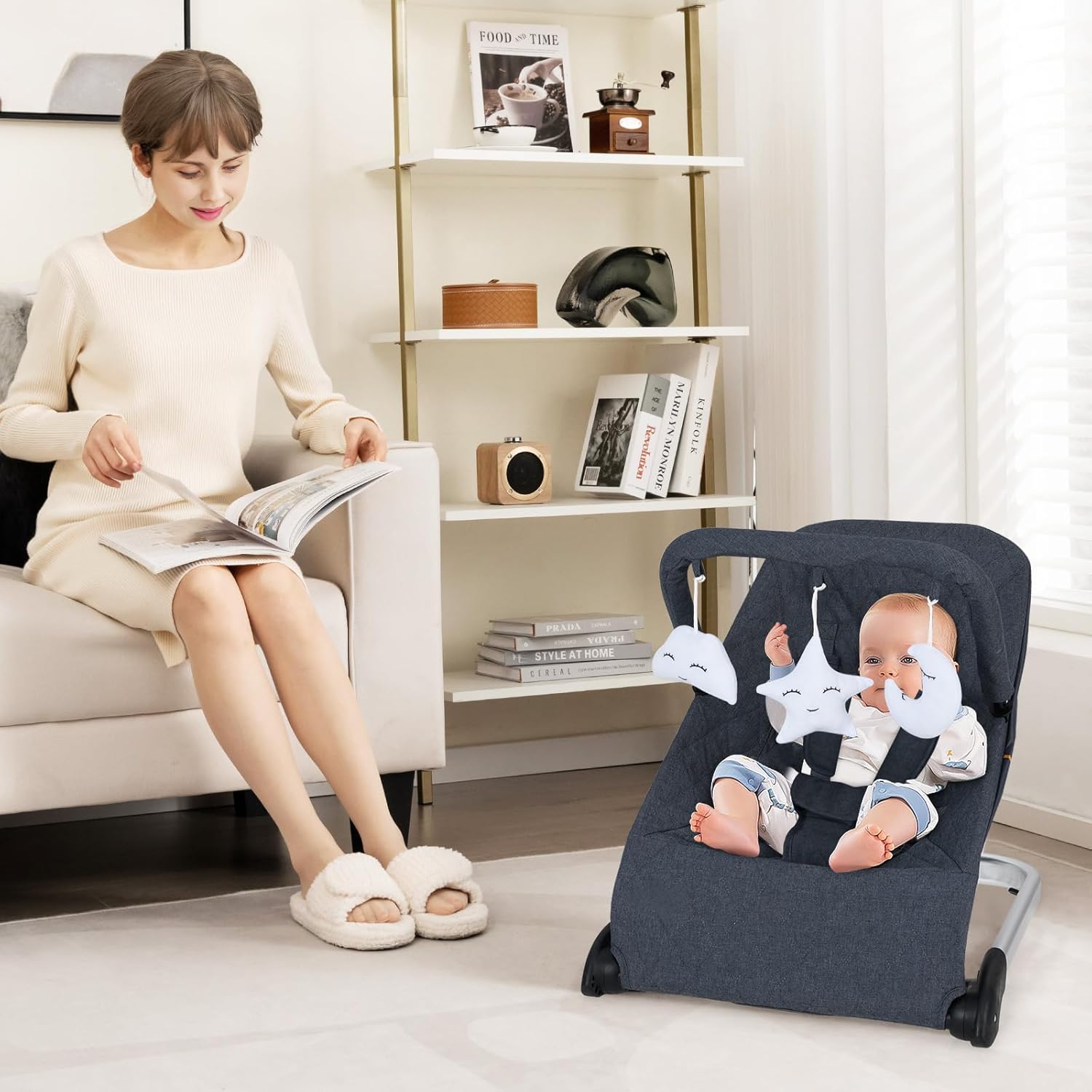 BABY JOY Baby Bouncer, Foldable Baby Bouncer Seat with 5-Point Safety Harness, Removable Fabric Cover & 3 Plush Toys, Portable Infant Bouncer for Babies 0-6 Months (Dark Grey)
