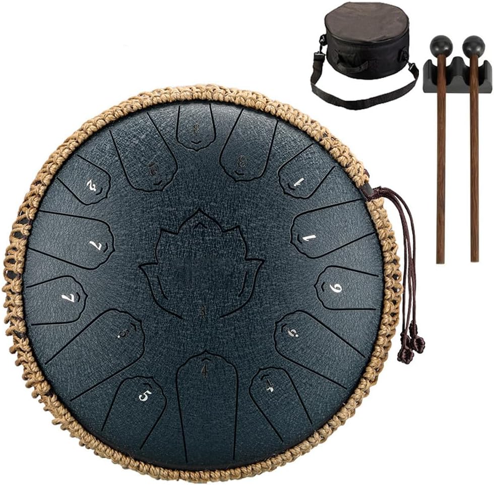 Konrisa 13 Inch 15 Notes Steel Tongue Drum Percussion Instruments C Major, Steel Drum Musical for Meditation Yoga Zen, Hand Pan Instruments with Drum Mallets and Carry Bag (Green)