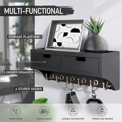 Miniatura 3 de Rebee Vision Soporte de pared para llaves y correo con organizador de 2 cajones soporte para llaves de granja para pared con 6 ganchos para llaves y