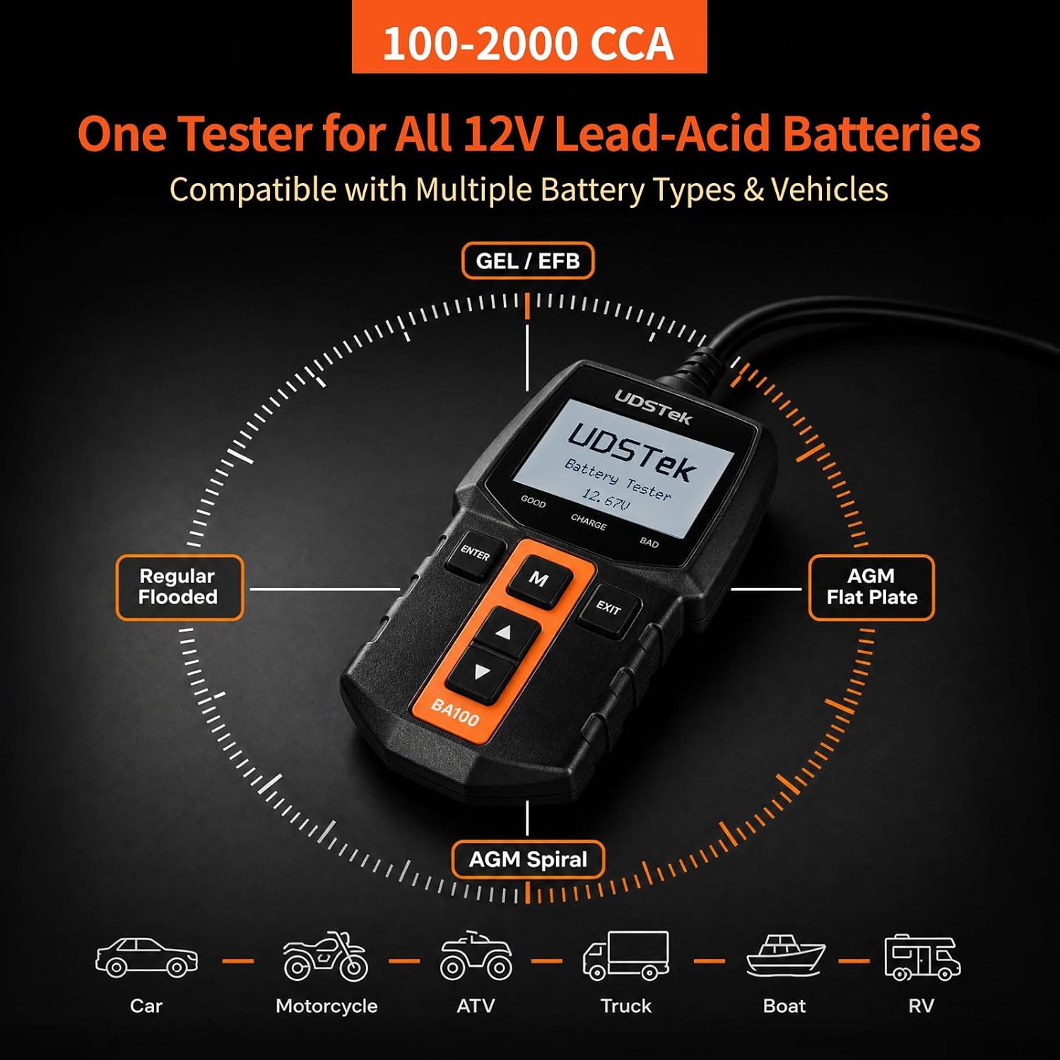 BA100 12V Car Battery Tester, 100-2000 CCA Automotive Load Tester | Diagnose 12V battery, cranking & alternator charging system. Works for cars, motorcycles, trucks, boats, RVs and ATVs.