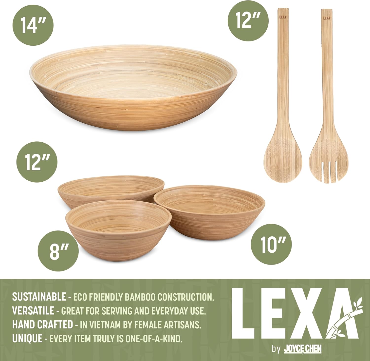 LEXA 5-Piece Handcrafted Bamboo Serving Bowl Set, 14”, 12”, 10”, 8” Bowls & Salad Utensils, Spun Bamboo Dinnerware, Artisan-Made for Entertaining, Serving & Home Décor (Natural)