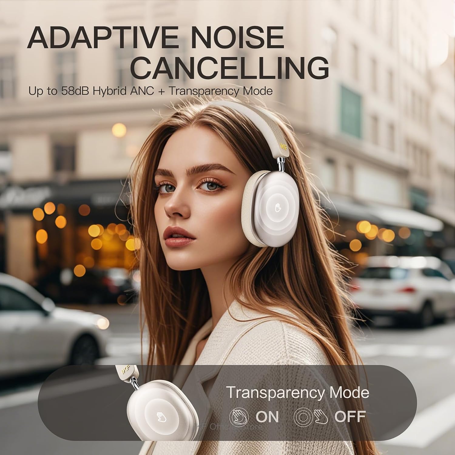 iKF Mars Wireless Bluetooth Headphones, Active Noise Cancelling, 40mm+20mm Drivers, Hi-Res LDAC Audio, 360° Spatial Sound, 140H Playback, 3.5mm Wired Headset, EQ Adjustable (Starlight White)