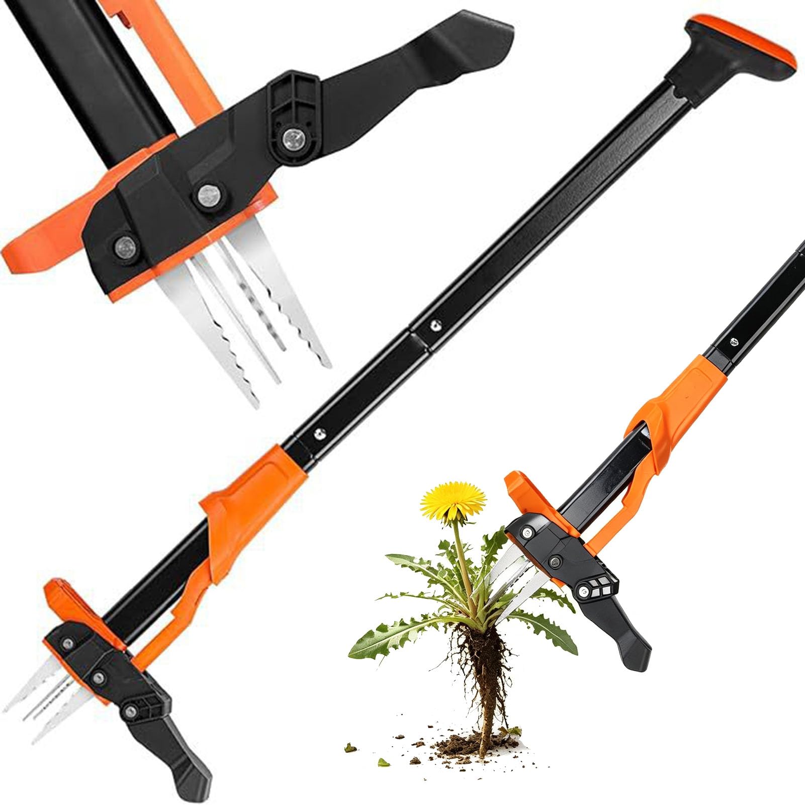 Unkrautentferner Werkzeug Stand-Up-Unkrautjäter, 100 cm langer Griff, 4-Krallen-Unkrautabzieher, Werkzeug mit einfachem Auswurfmechanismus, kein Biegen, rücksparend, Links- oder Rechtshänder