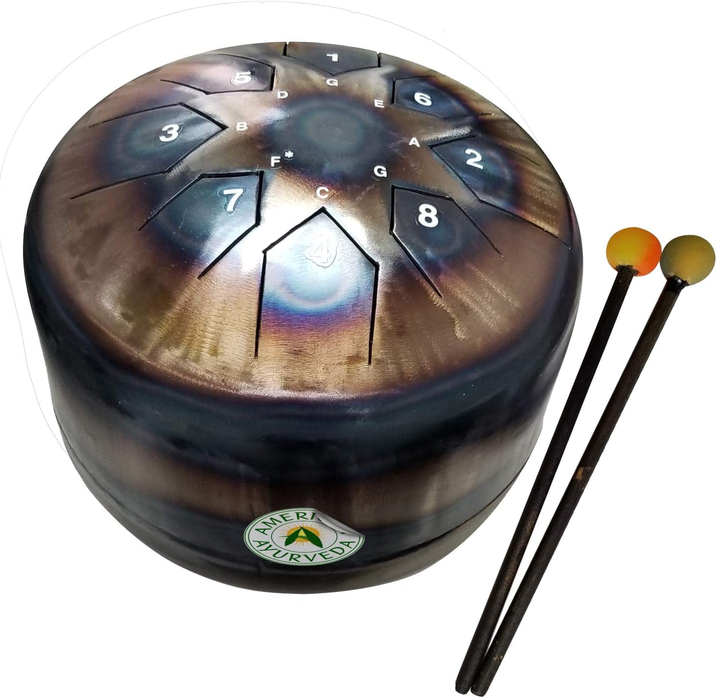 American Ayurveda Handcrafted Steel Tongue Drum Hand Pan Tank 12 inch Dia 8 Notes (G A B C D E F# G) 432 Hz Frequency Percussion Healing Mindfulness Meditation Chakra Balancing Music Sound Bowl