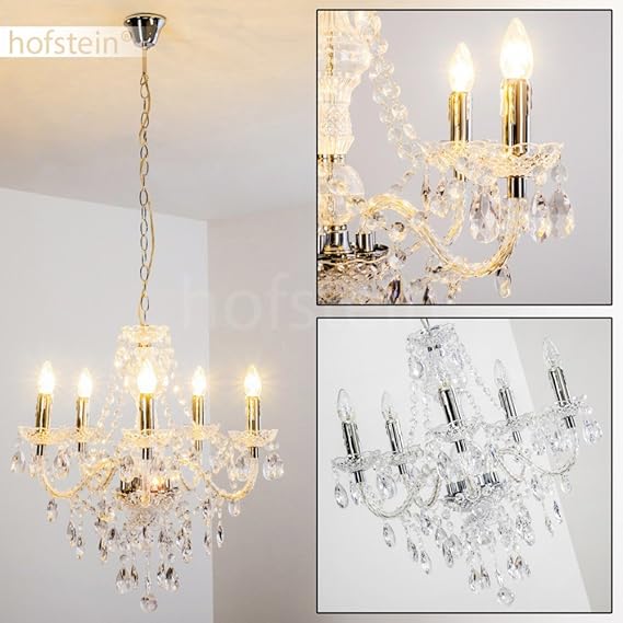 hofstein Klassieke kroonluchter van metaal/acryl in chroom, hanglamp 5-lamps, 5 x E14, max. 165 cm (in hoogte verstelbaar), moderne hanglamp, vintage/retro design, zonder lampen photo 2