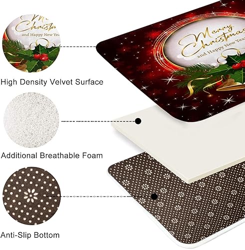 Miniatura 4 de ArtSocket Juego de 3 alfombras y tapetes de baño de Navidad, tapetes de baño de cascabeles rojos antideslizantes, tapetes de baño de espuma