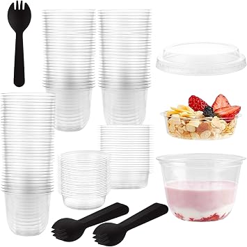 100 PCS 9 Oz Plastic Parfait Cups with Lids & Inserts Disposable Parfait Cups with Lids 9 Oz Plastic Dessert Cup with Spoons for Yogurt Cereal Fruit Ice Cream, No Leaking
