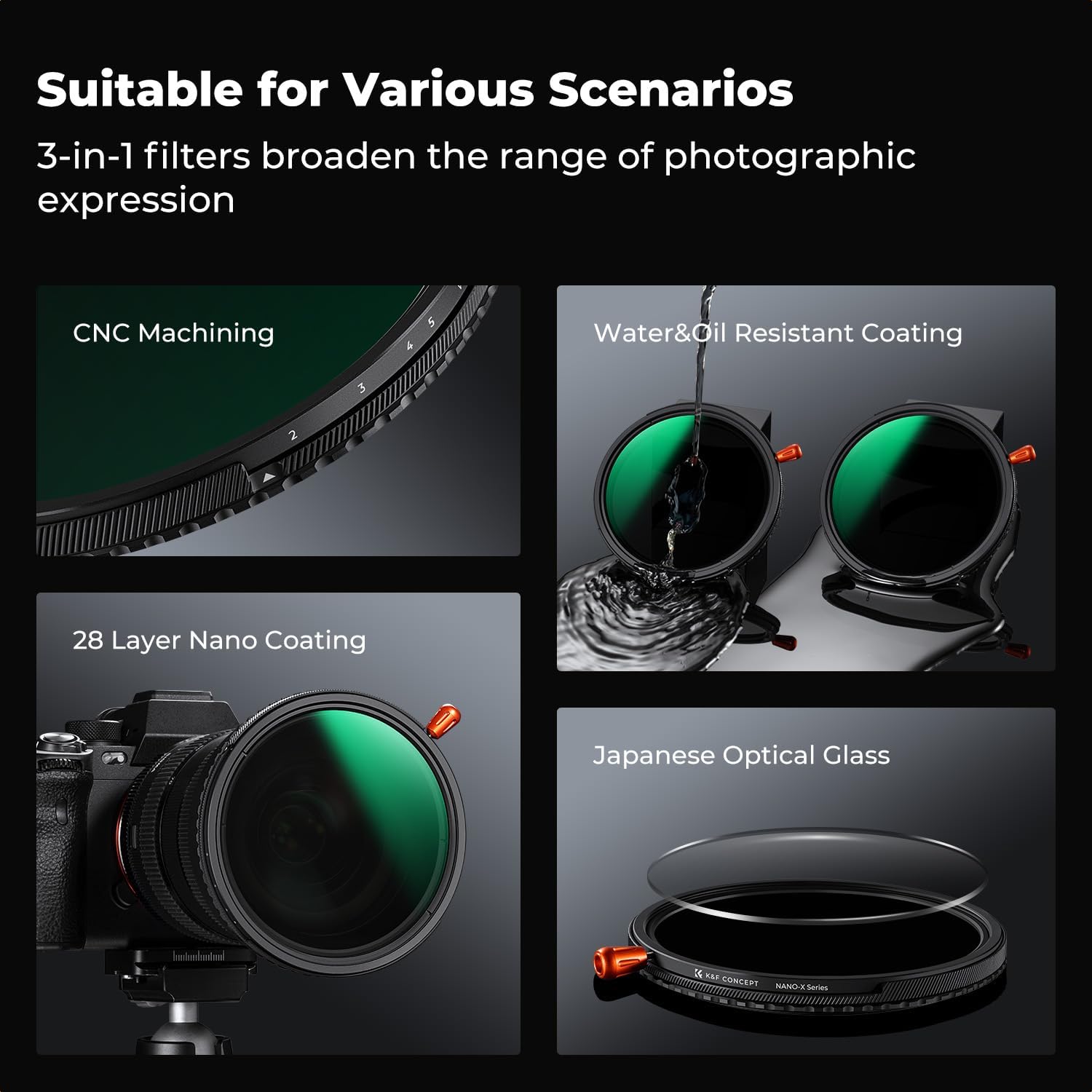 K&F CONCEPT 95mm Black Diffusion Mist Effect 1/4 & Variable ND2-32(1-5 Stops) & Circular Polarizing Filter CPL-in 1 HD Lens Filter with 28 Multi-Coatings for Camera Lenses (Nano-X Series)