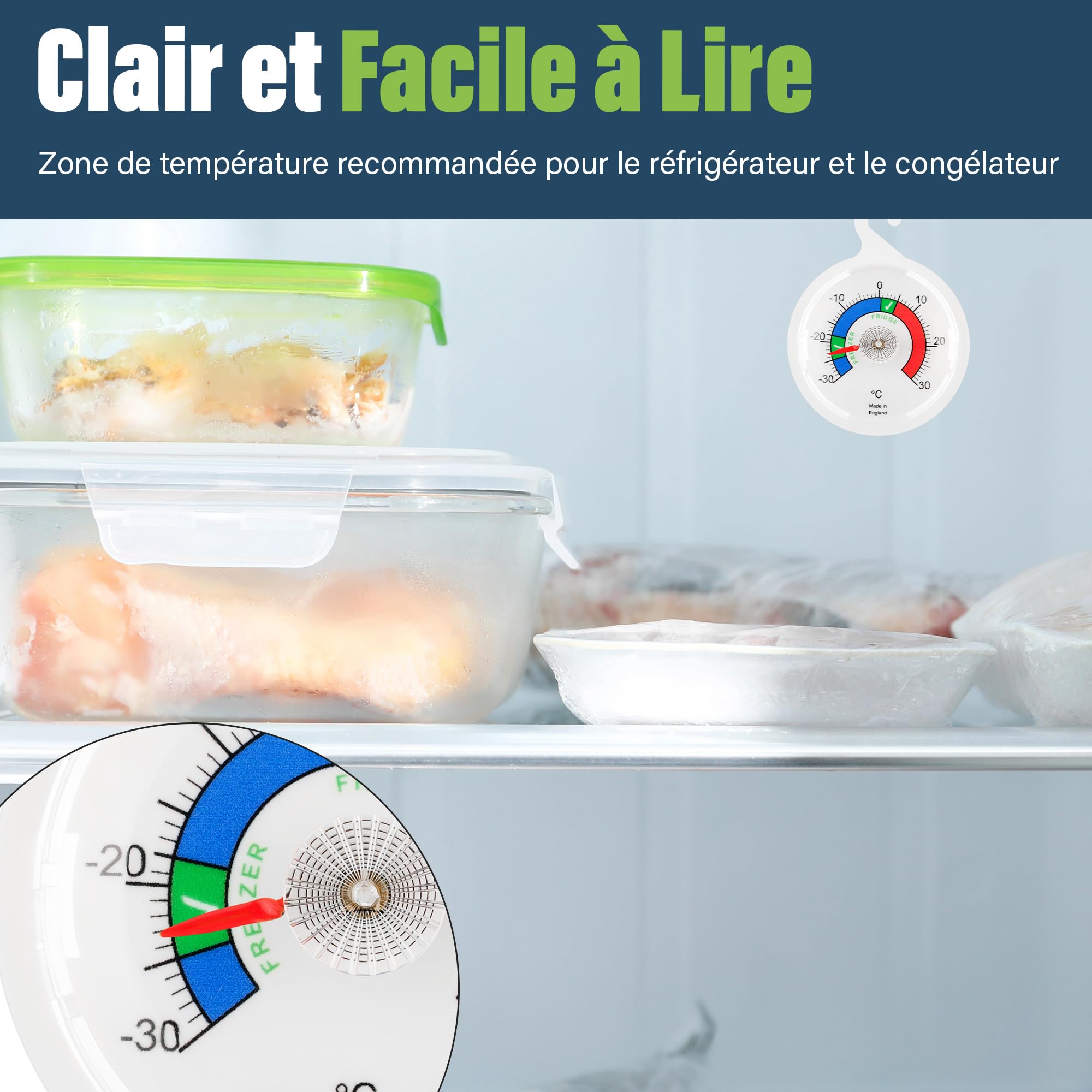 Lot de 2 thermomètres de réfrigérateur à cadran 65 mm zones colorées