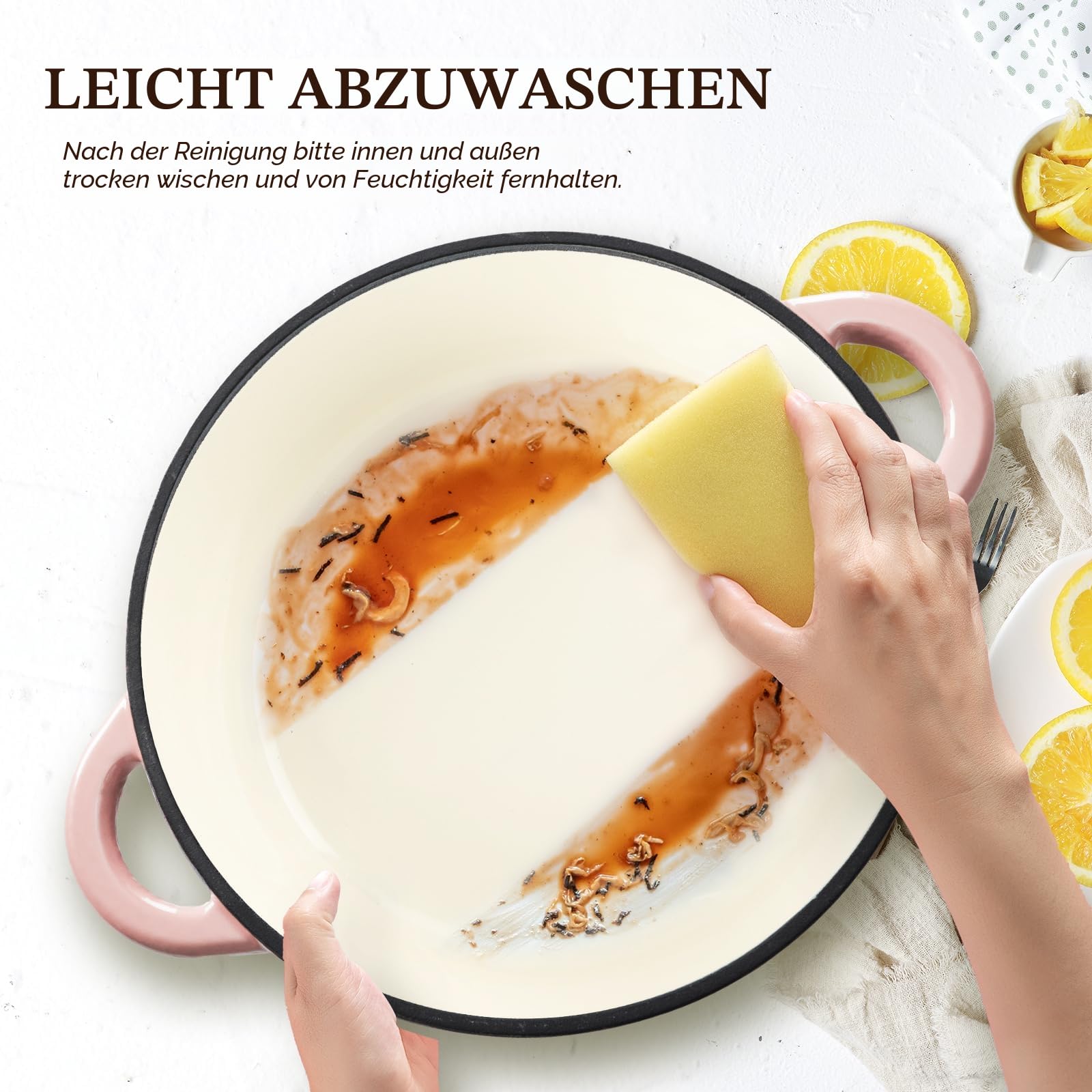 Overmont Bräter emaille Gusseisen Topf - Schmortopf 28cm backofengeeignet - mit Deckel und Kochbuch - für Küche Backen Schmoren Braten Rosa – Bild 4