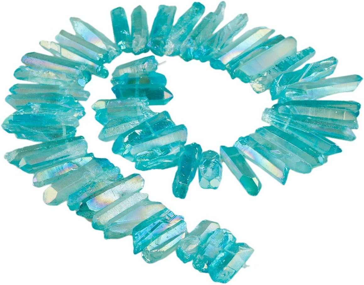 SUNYIK Rainbow Aura Titanium Coated Crystal Points Quartz Polished Sticks Spikes Point Beads 15 inch Strand Drilled