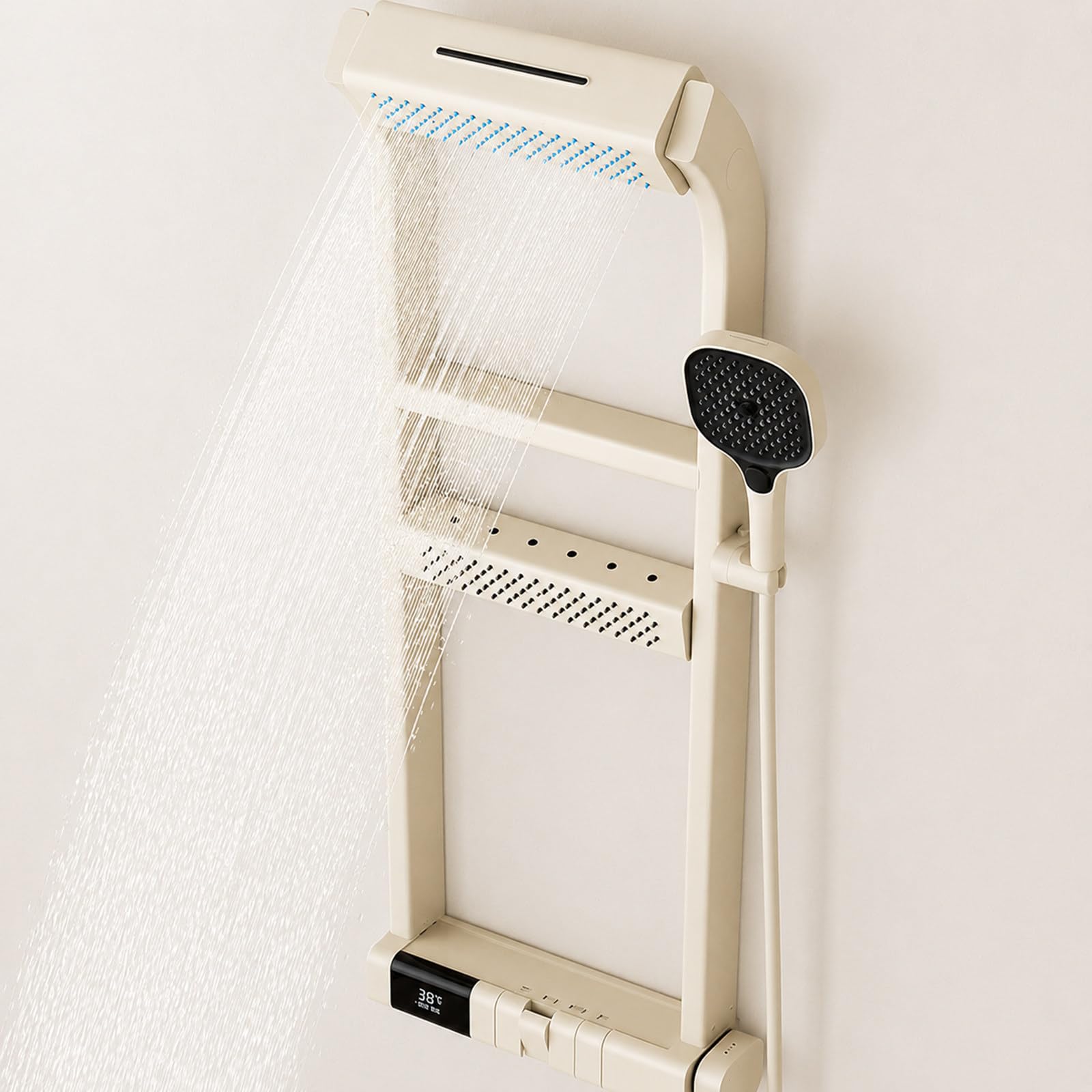 Colonna Doccia Termostatica 4 modalità Display Digitale White | Colonna doccia con doppia zona, doccetta a 3 getti e ripiano integrato, per una gestione pratica della doccia in famiglia