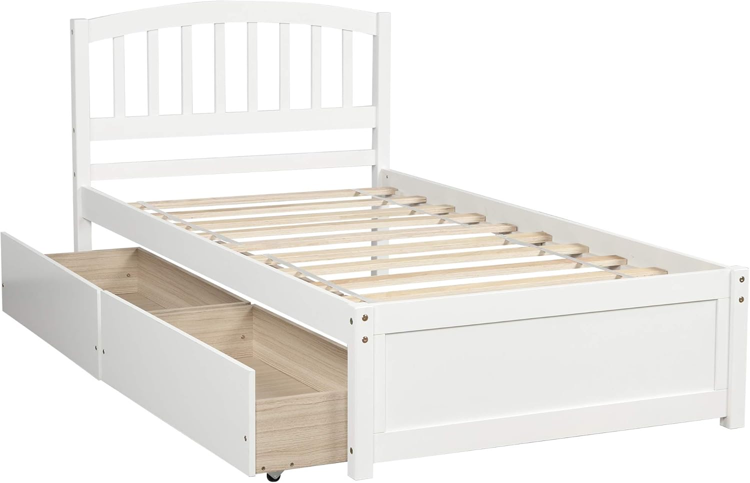 Merax Twin Size Platform Bed Solid Wood Storage Bed Frame with Two Drawers and Headboard (Snow White)