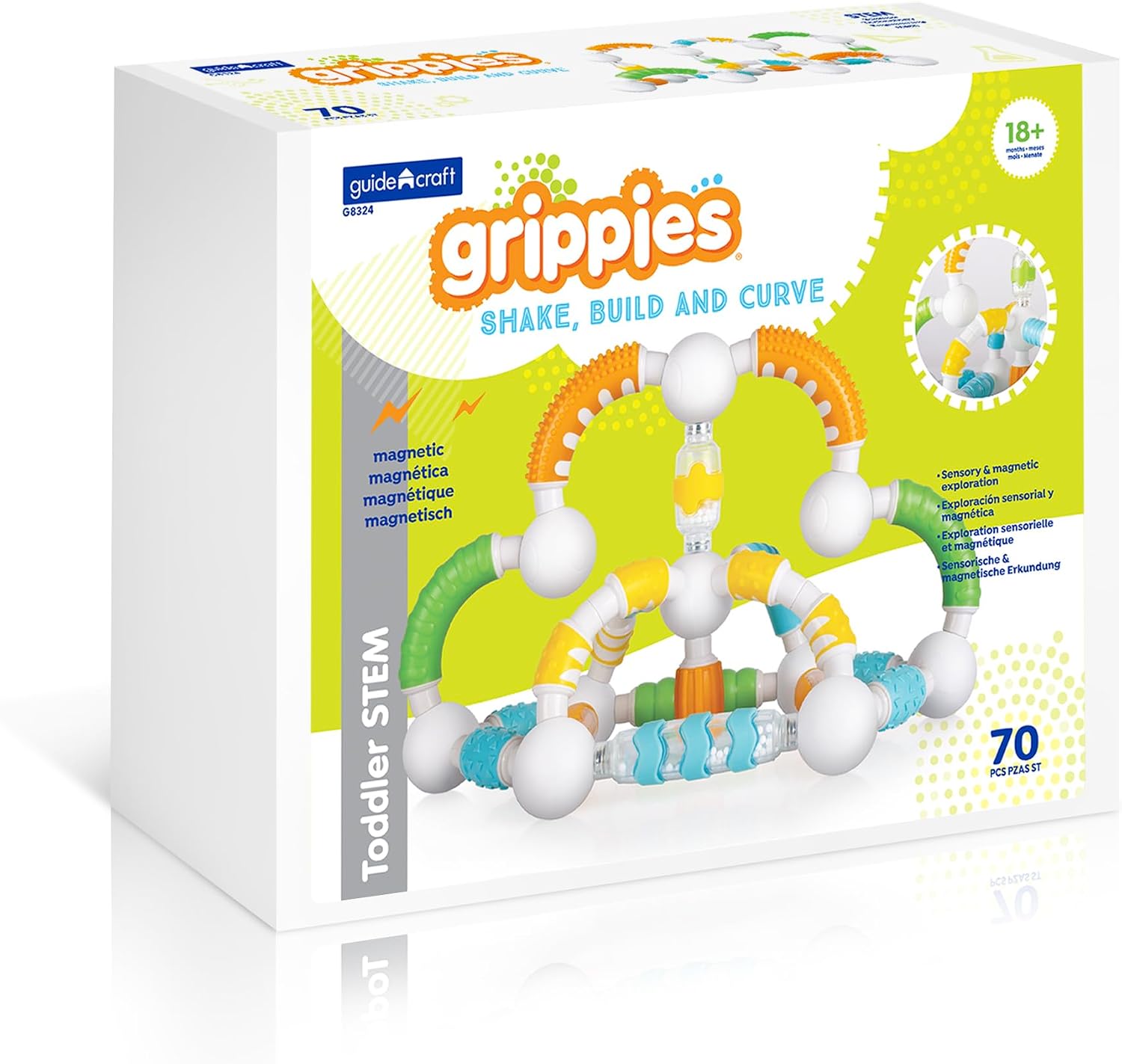 Guidecraft Grippies Shake, Build and Curve - 70 Piece Set: Magnetic STEM Learning Toys, Fun Educational Building Set for Toddlers