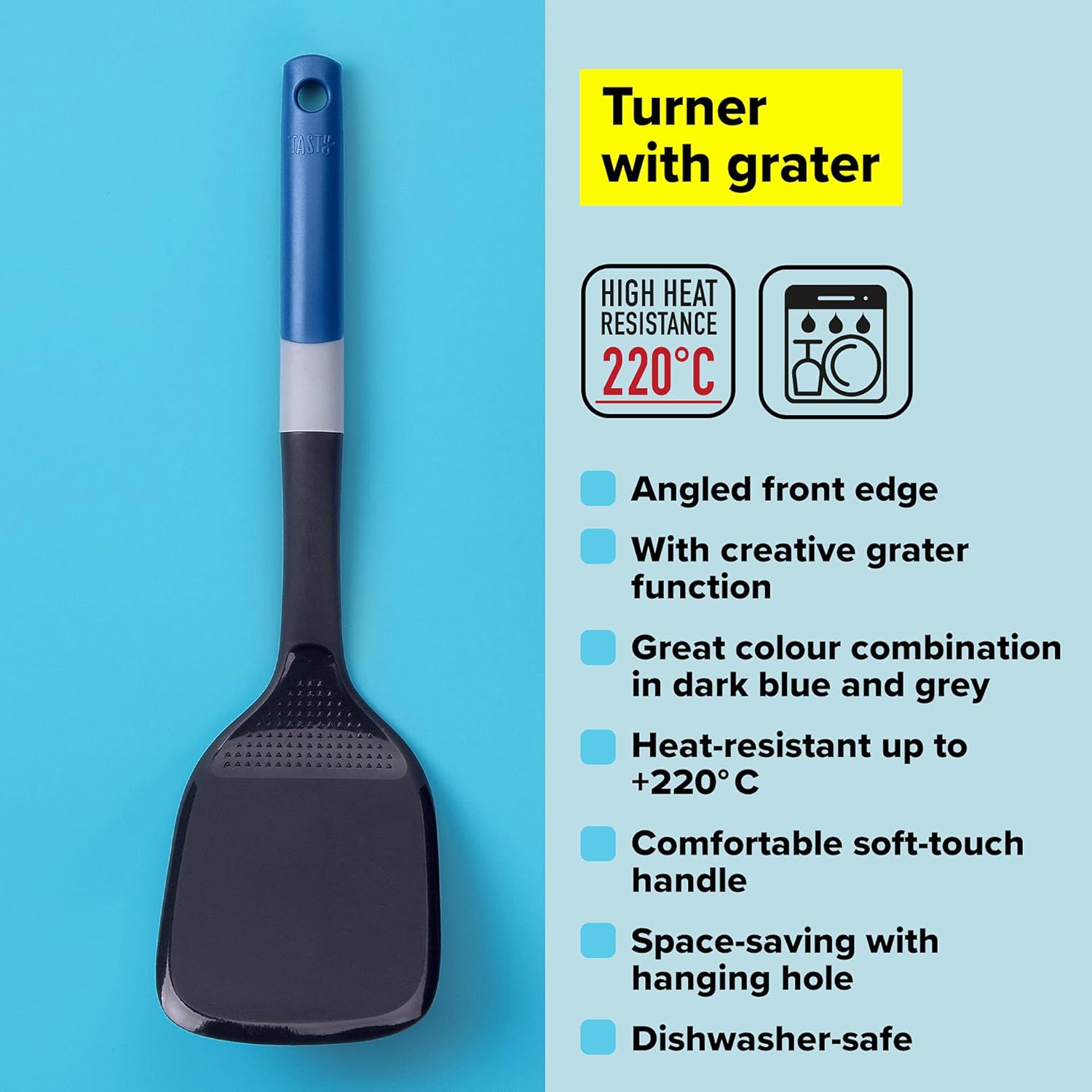 Tasty Cooking Spatula with Grater, Cooking Turner with Non-Stick Heat Resistant Nylon Head, Non-Stick Kitchen Turner, Non-Scratch Kitchen Utensil, Dimensions: 34 x 9.5 cm, Colour: Dark Blue & Grey