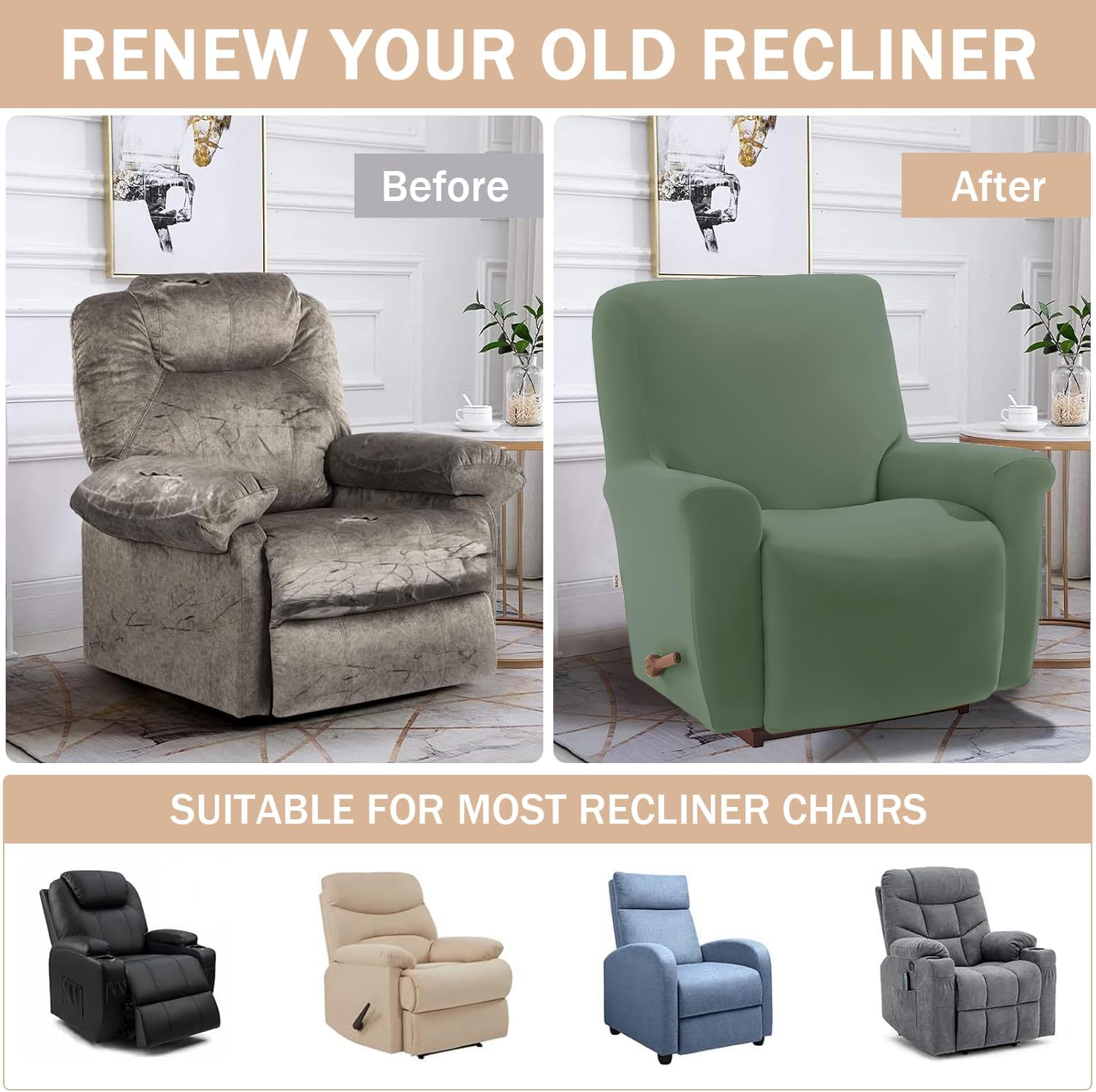 Stretch Recliner Chair Cover, 1-Piece Recliner Slipcover Soft Spandex Recliner Covers Non-Slip Furniture Protector with Pocket (Gray Green)
