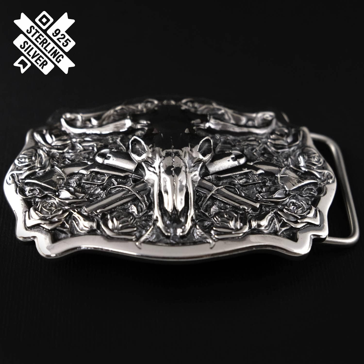 925 Sterling Silver Belt buckle Buffalo Skull, Longhorn Cattle Buffalo Skull Tribal Native American Cowboy Westside belt