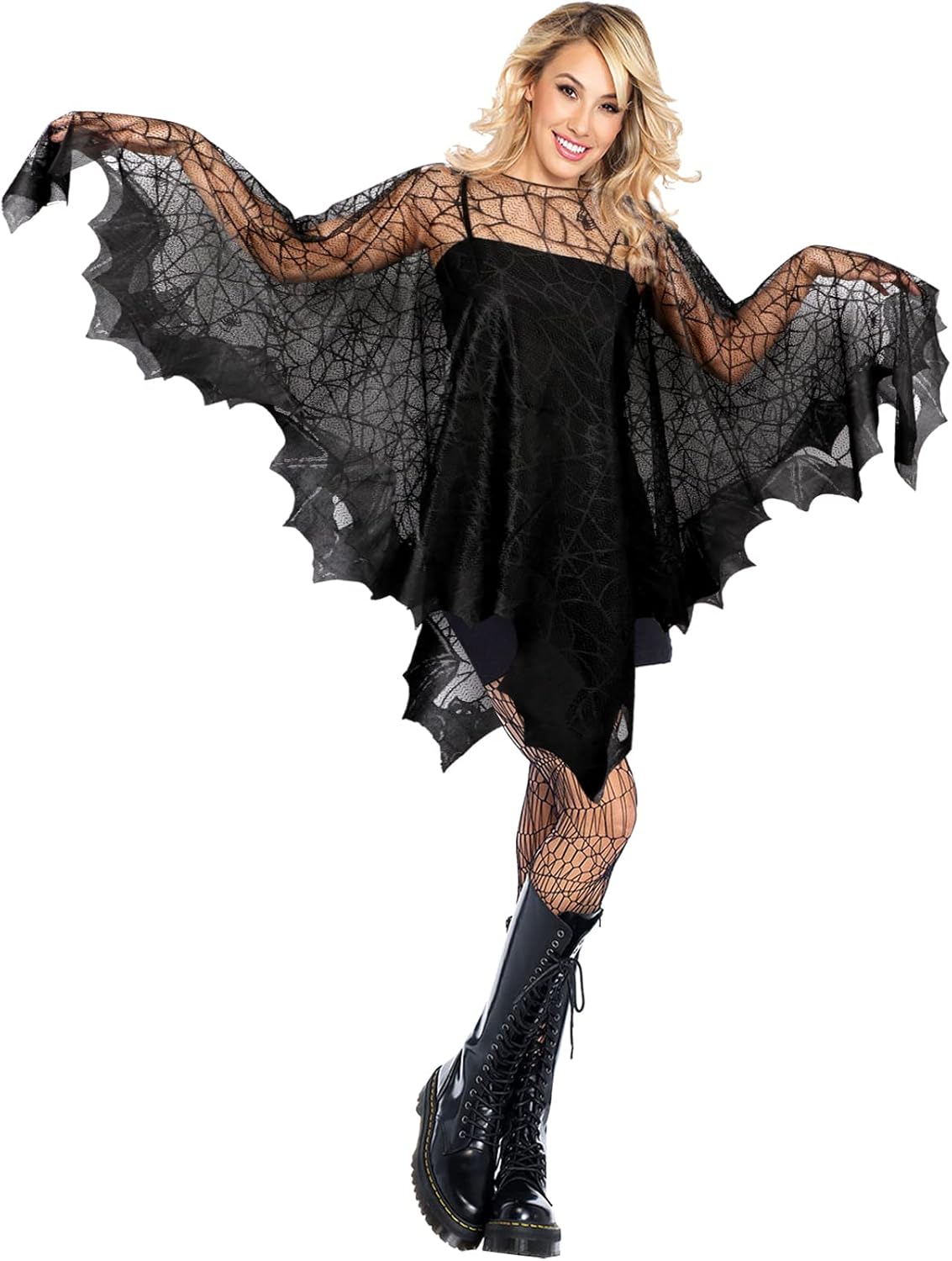 OurWarm Poncho de Halloween para mujer, tela de araña de encaje negro, capa de Halloween, poncho de esqueleto para adultos, disfraz del día de los
