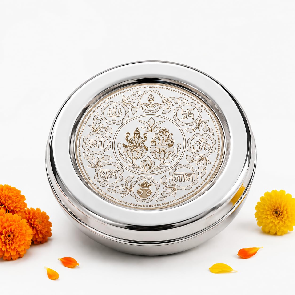 Stainless Steel Pooja Set Box Set of 1 - (Size - 7) | Roli, Chawal, Chandan, Kumkum Puja Mandir Box | Dibbi with 7 Containers | Dabba | Steel Round dabba-image-32