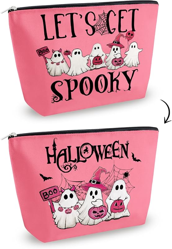 Necessaire de maquiagem Yoxiumi rosa com estampa de Halloween e zíper