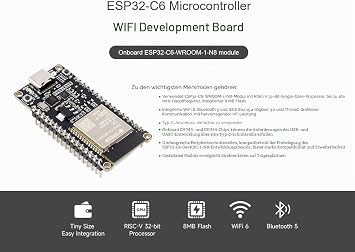 ESP32-C6 RISC-V Microcontroller WiFi 6 Development Board ESP32-C6-WROOM-1-N8 Module 160MHz Single-Core Processor Supports USB and UART Development (with Pinheader)