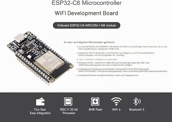 ESP32-C6 RISC-V Microcontroller WiFi 6 Development Board ESP32-C6-WROOM-1-N8 Module 160MHz Single-Core Processor Supports USB and UART Development (with Pinheader)