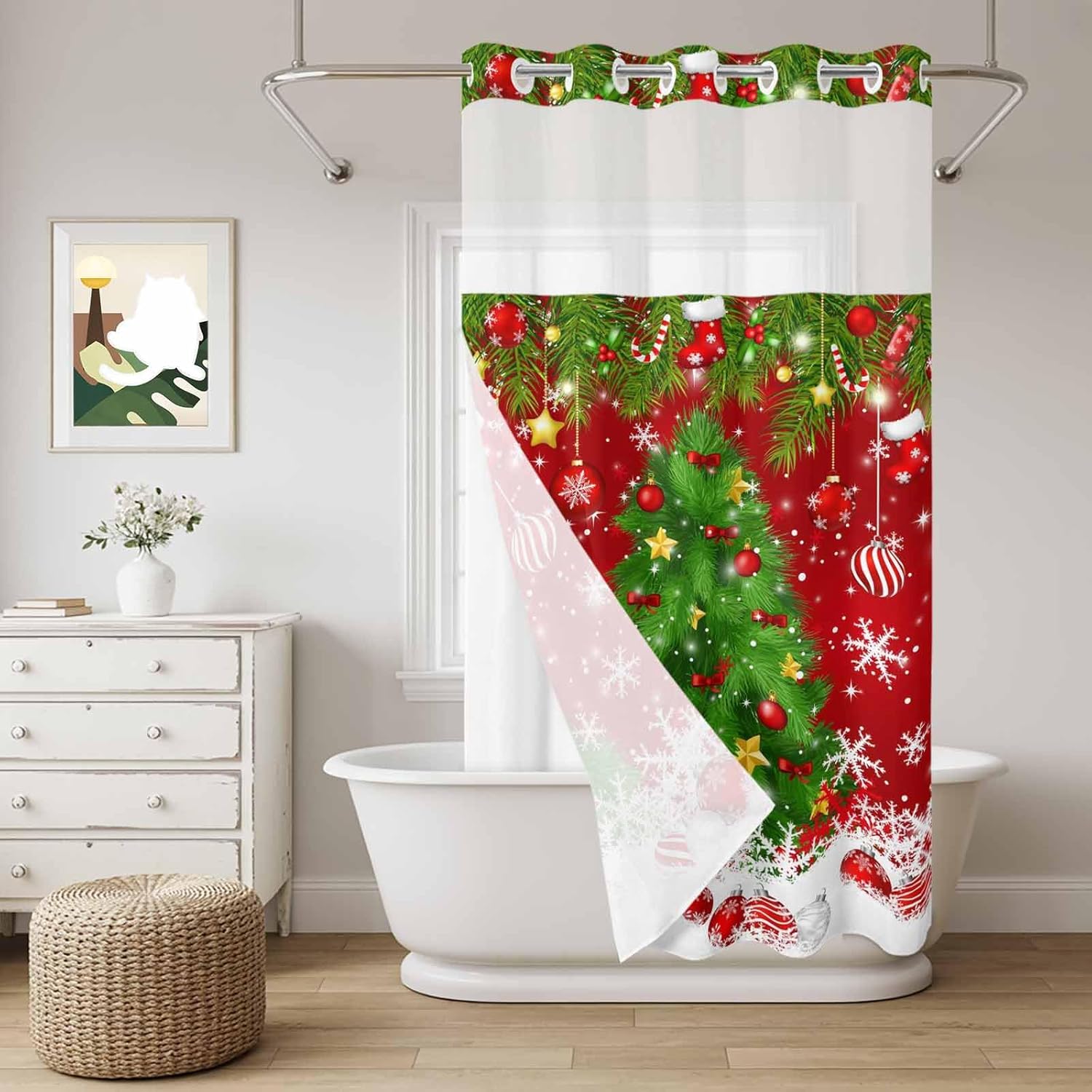 No Hook Shower Curtain with Snap in Liner Set,Merry Christmas Tree with Balls Bow Waterproof Fabric Shower Curtains Winter Snowflake Pine on Red Double Layer Bath Curtain for Bathroom,36Wx72L