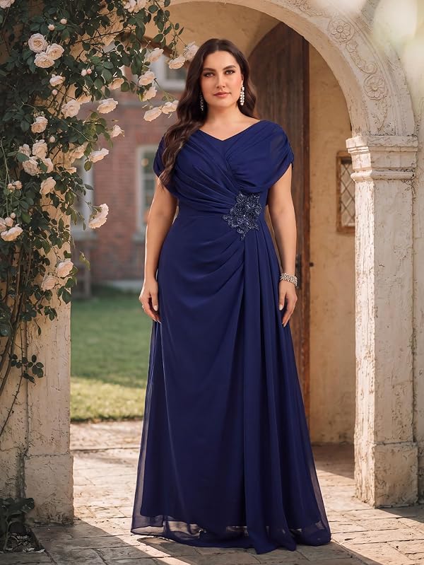 VOUIAO Plus Size Pleated Waist Formal Bridesmaid Guest Gowns Navy Blue 0XL by VOUIAO - Used condition - US$55.28