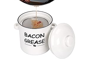 Creamy-white Ceramic Bacon Grease Container with Strainer, Farmhouse Bacon Grease Keeper with...