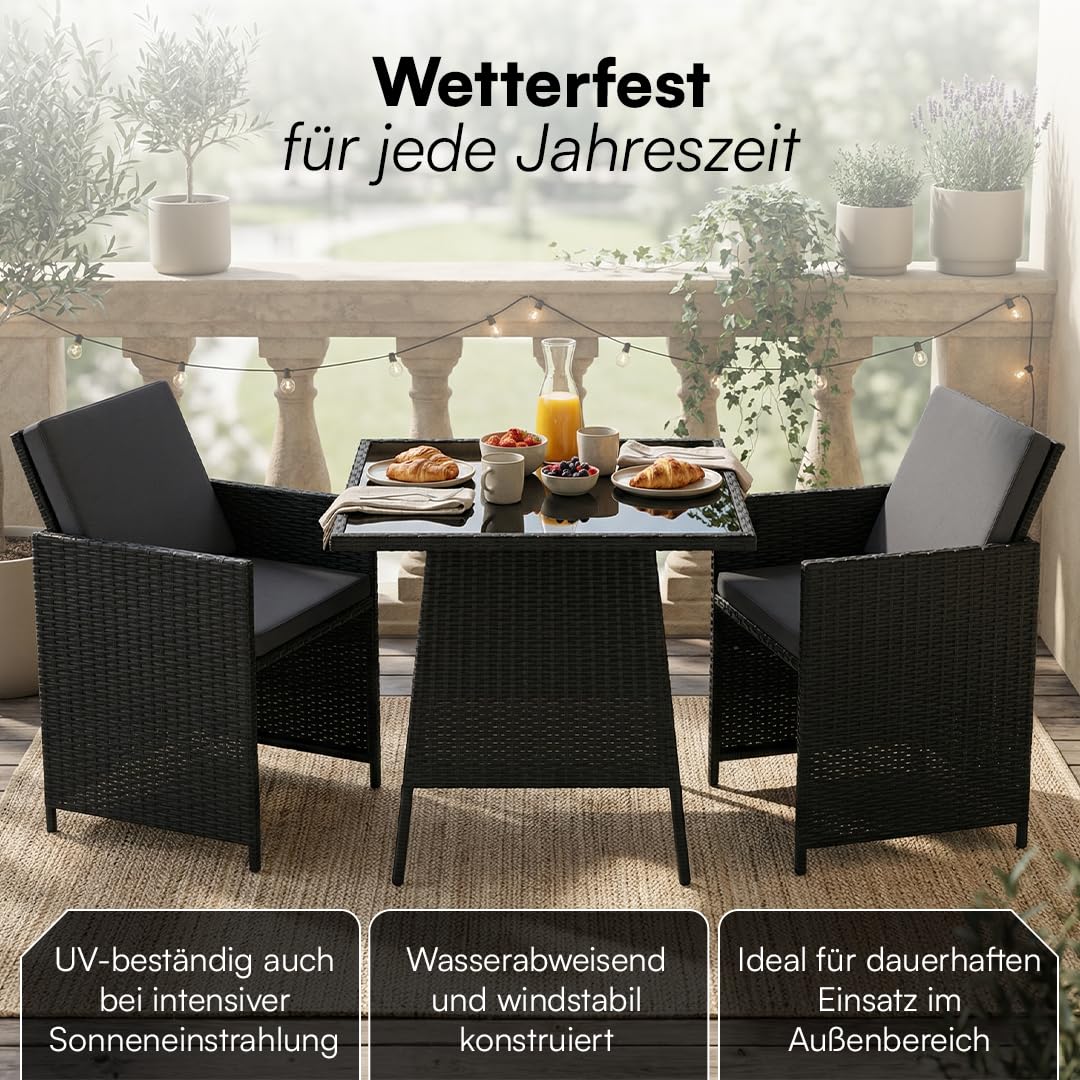 STEELSØN Xenara Essgruppe 3-teilig Schwarz/Anthrazit – Balkonmöbel Set platzsparend – Outdoor Rattan Sitzgruppe – klappbare Stühle mit Sitzkissen – Tisch mit Glasplatte – Gartengarnitur für 2 Personen