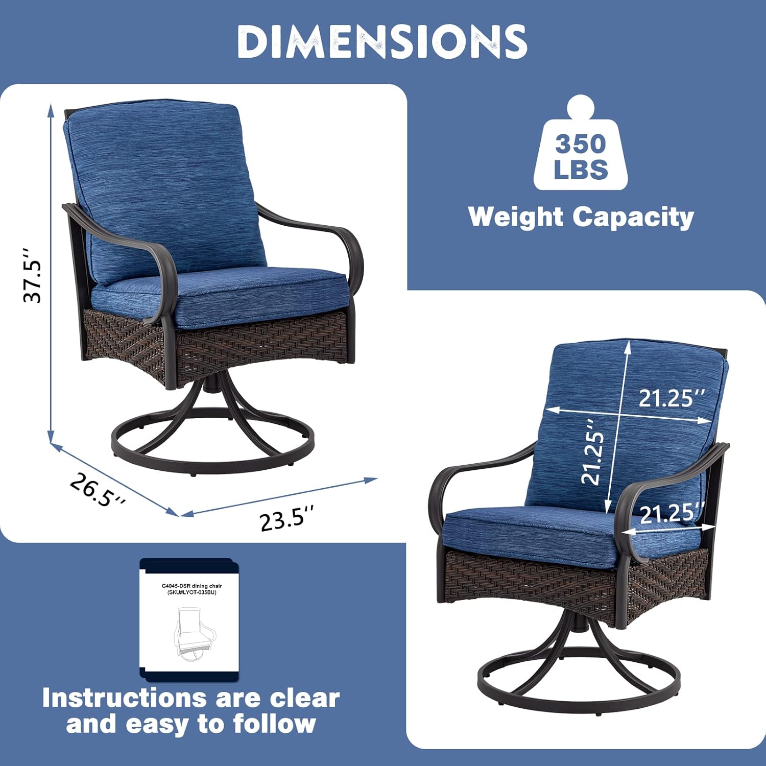 EROMMY Patio Swivel Chairs Set of 2, Outdoor Swivel Chairs with Cushion, Patio Dining Chairs for Garden, Patio, Backyard and Balcony, Blue