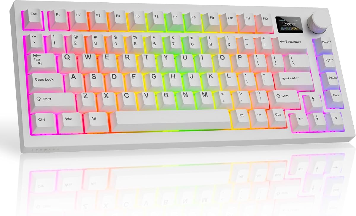 TECWARE Spectre 75% RGB Wireless White Mechanical Gaming Keyboard | Customizable LCD Screen | Tri-Mode Bluetooth | Gasket Mount | Hot Swappable Sockets | Creamy Thocky | Candy Red Linear Switches