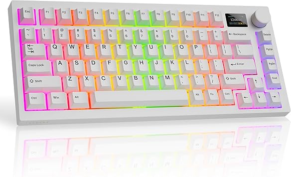 TECWARE Spectre 75 Mechanical Gaming Keyboard | Customizable LCD Screen Display & Knob | Tri-Mode Wireless Bluetooth 2.4GHz | Gasket Mount Hot Swappable | White Candy Red Linear Switches