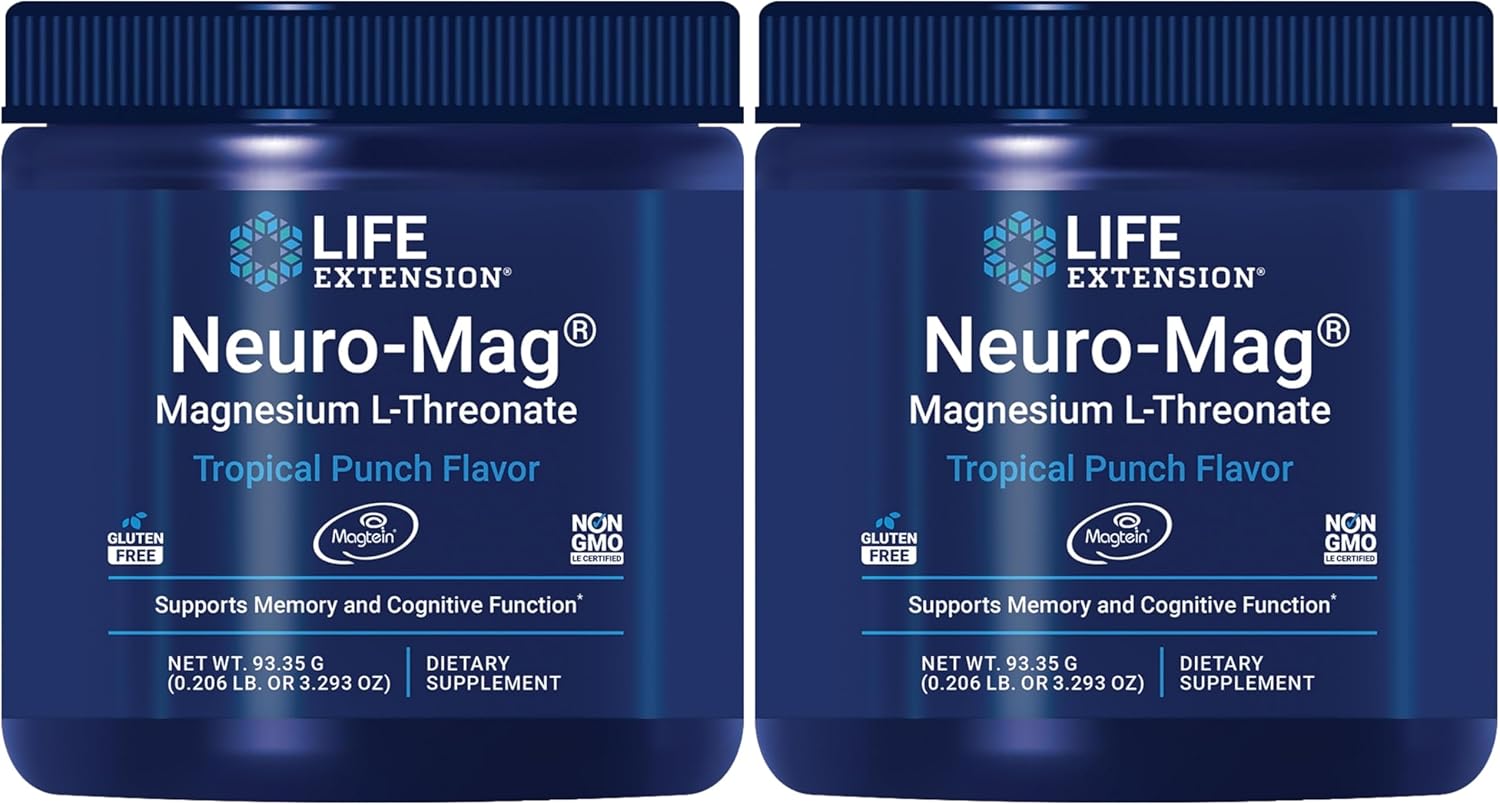 Life Extension Neuro-Mag Magnesium L-Threonate Powder (Tropical Punch)-Ultra-Absorbable Magnesium-Supports Memory,Focus,Cognitive Function&Mood-Gluten free,Non-GMO,Vegetarian (30 Servings),(Pack of 2)