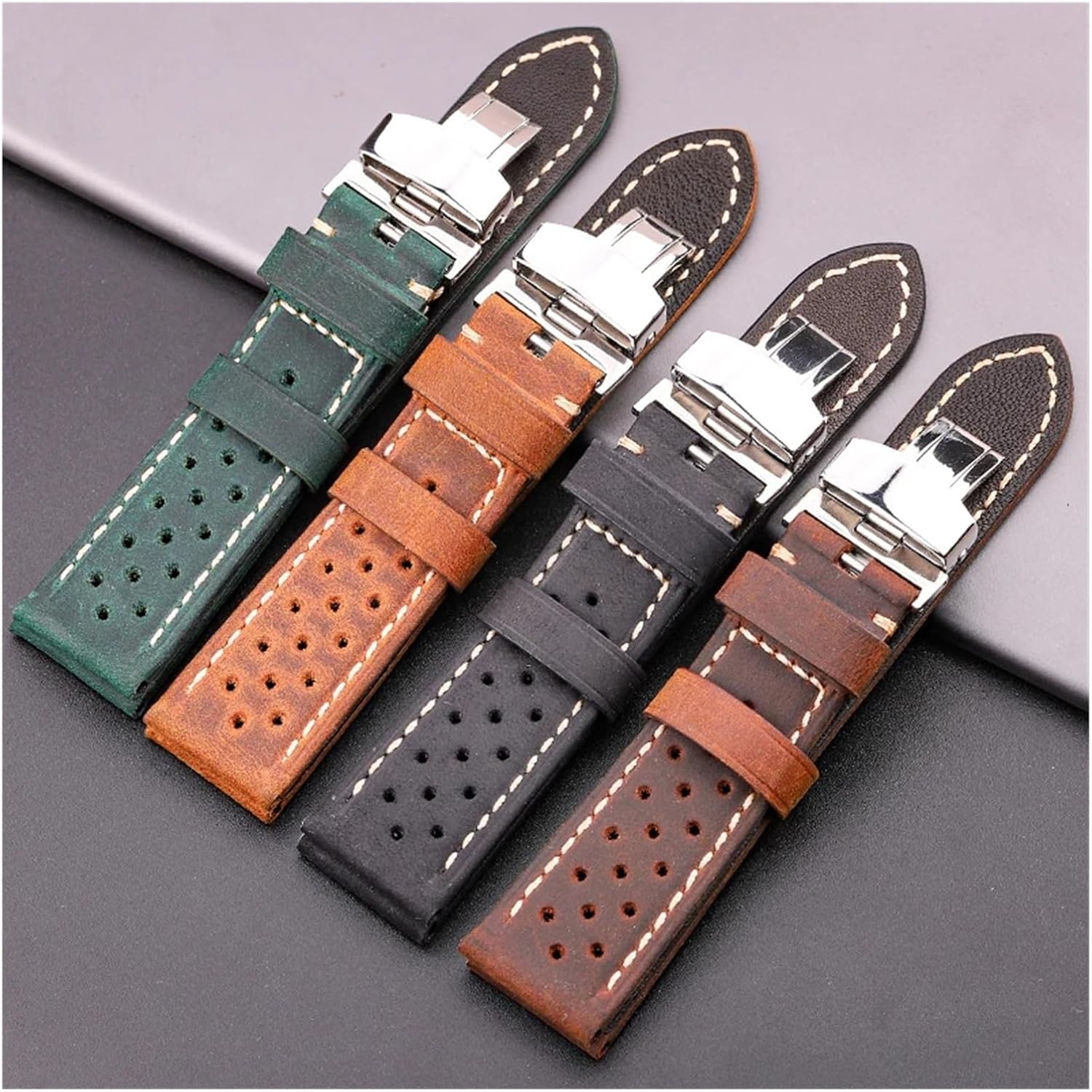 FYXT Breathable Genuine Leather Watchband 20mm 22mm 24mm For Smart Watch Strap Brown Coffee Black Green Cowhide Band Accessories