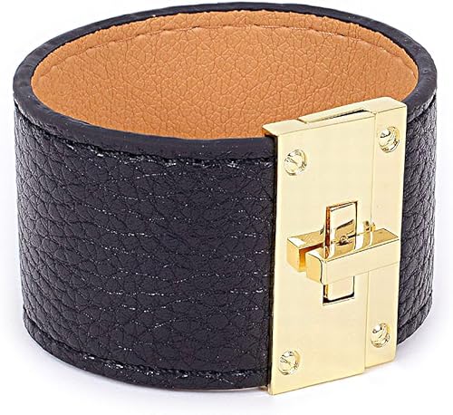 Amazon Co Jp ヴィヴィラウンジ Vivilounge 幅広 バングル フェイク レザー ブレスレット 太め シンプル ゴールド プレート バックル ブレス 人工 革 おしゃれ かっこいい レディース ブラック 黒 ジュエリー